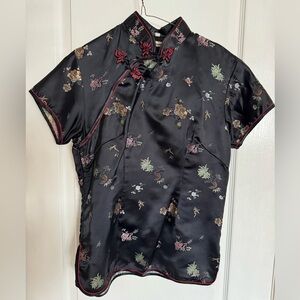 Black Cheongsam Blouse 90s Chinese Asian Floral Top by Manan S/M